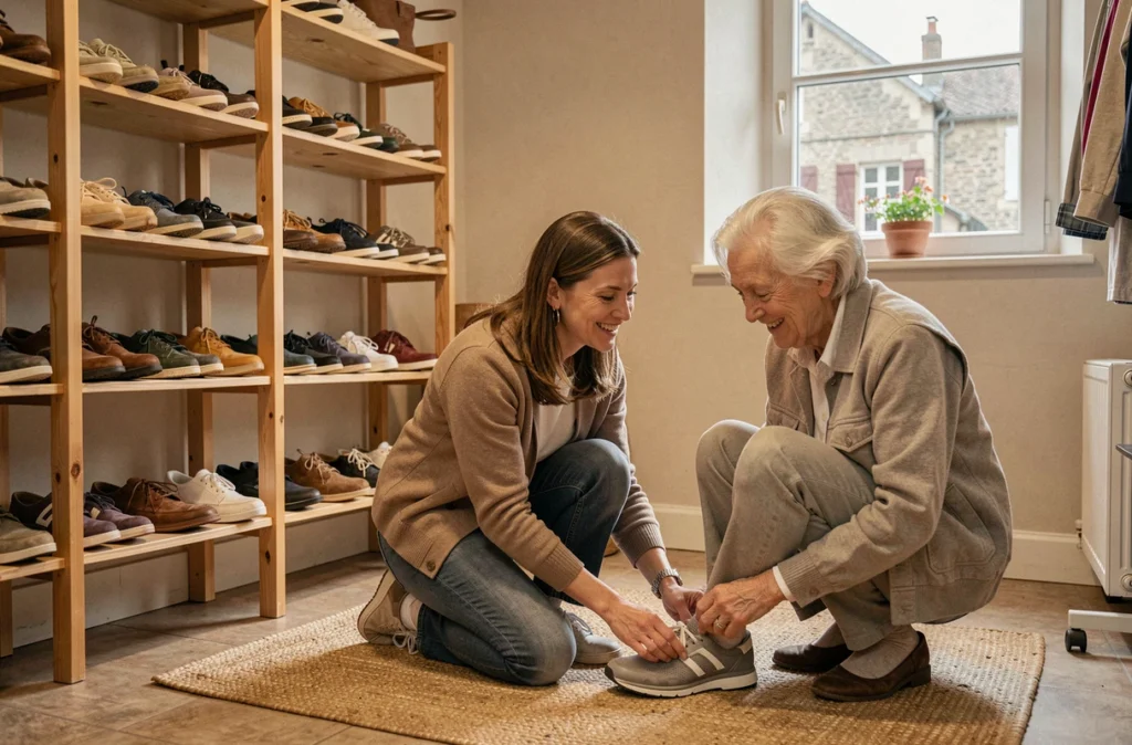 Vendeuse aidant une cliente âgée à essayer des chaussures confortables dans un petit magasin de proximité à Retiers