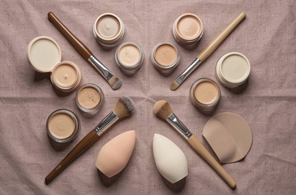 Pose à plat des accessoires de maquillage pour l'application du fond de teint sur tissu lin beige