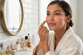 Jeune femme appliquant un blush crème sur ses joues avec les doigts devant un miroir de coiffeuse, routine beauté du matin
