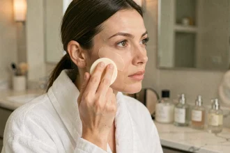 Femme appliquant du fond de teint avec une éponge de maquillage humide devant un miroir de coiffeuse en marbre
