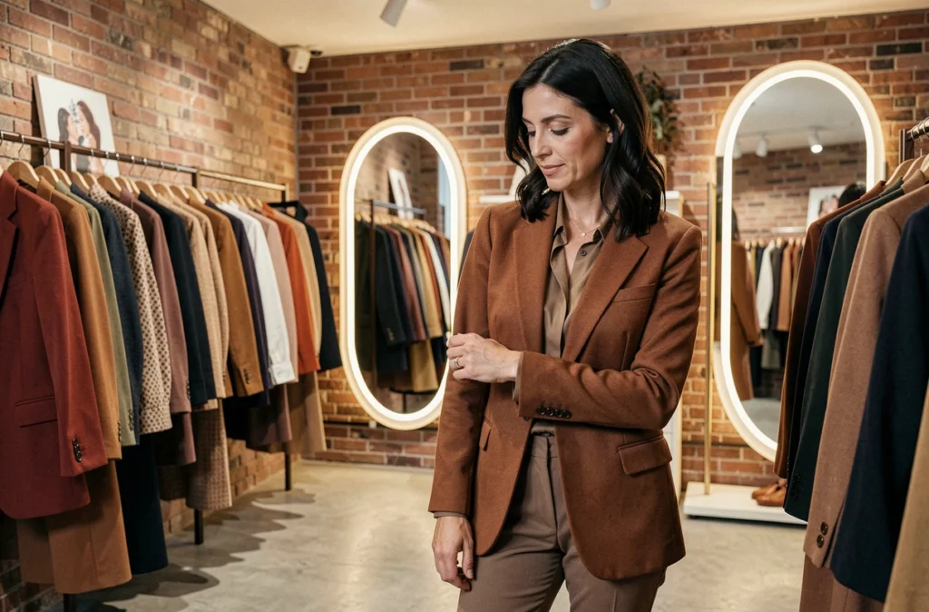 Boutique de mode féminine Balian à Versailles avec une cliente inspectant un blazer structuré