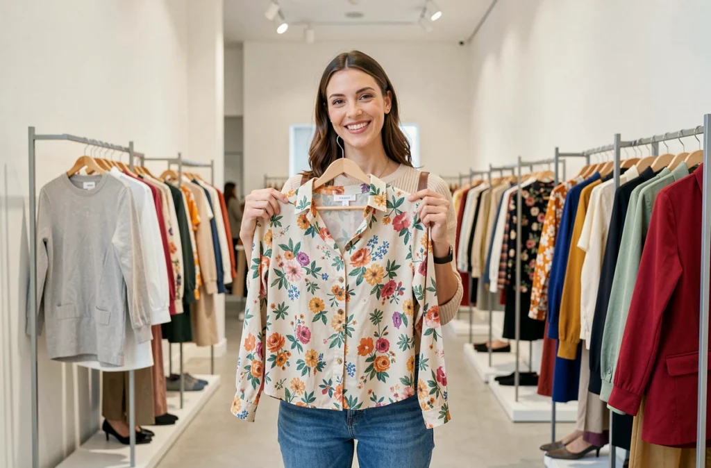 Boutique de prêt-à-porter féminin Baobab aux Galeries de Saint-Germain-en-Laye avec une cliente regardant une blouse