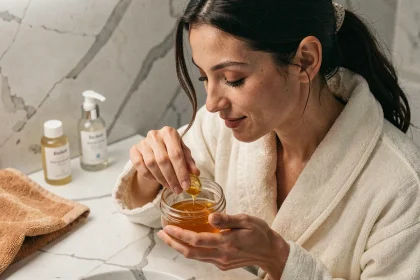 Femme appliquant un baume démaquillant doré sur son visage dans une salle de bain minimaliste le soir