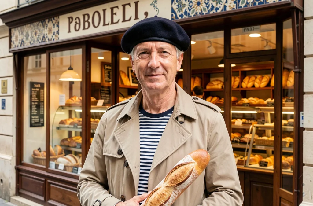 Homme français d'âge mûr portant un béret bleu marine devant une boulangerie parisienne traditionnelle