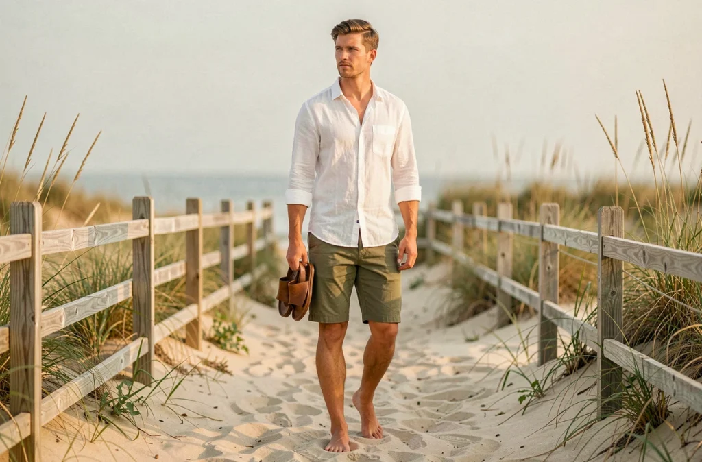 Jeune homme portant un bermuda en coton vert olive sur un chemin de plage bordé de dunes