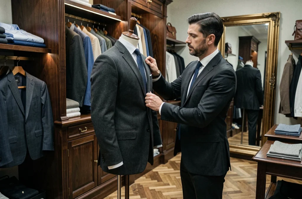 Boutique de mode masculine Blaise Carly's à Versailles avec un assistant ajustant un costume en laine sur un mannequin