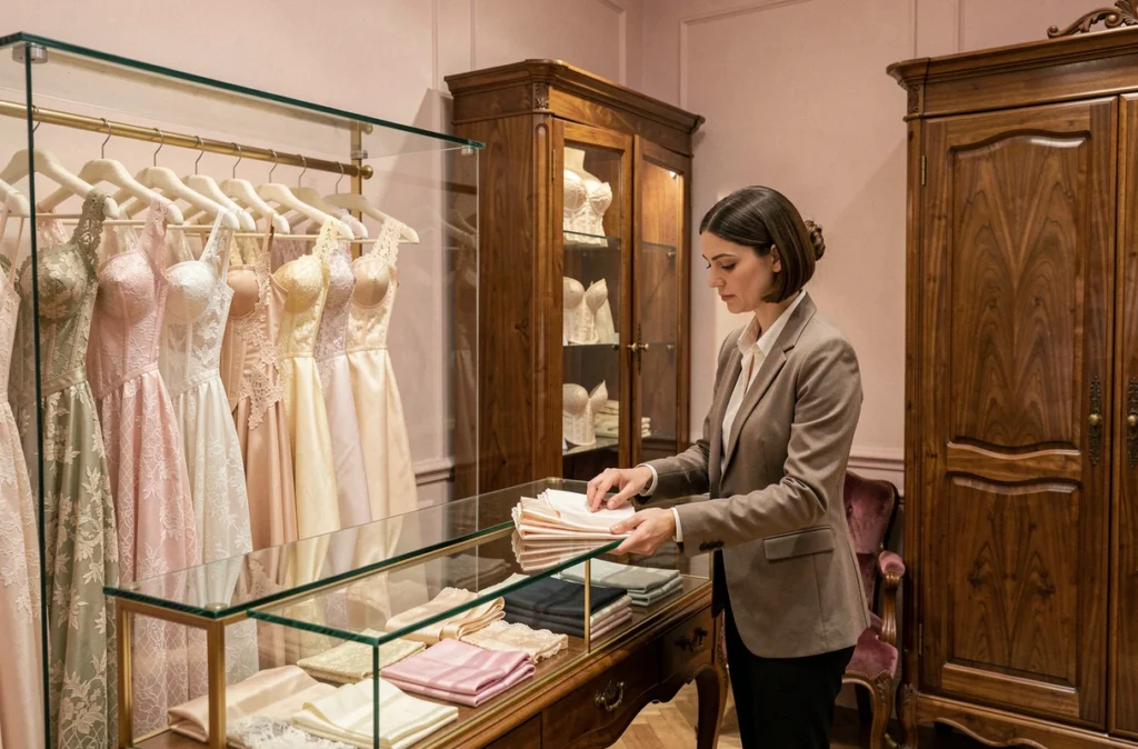 Intérieur élégant d'une boutique de lingerie et corsetterie à Versailles avec des articles en dentelle exposés