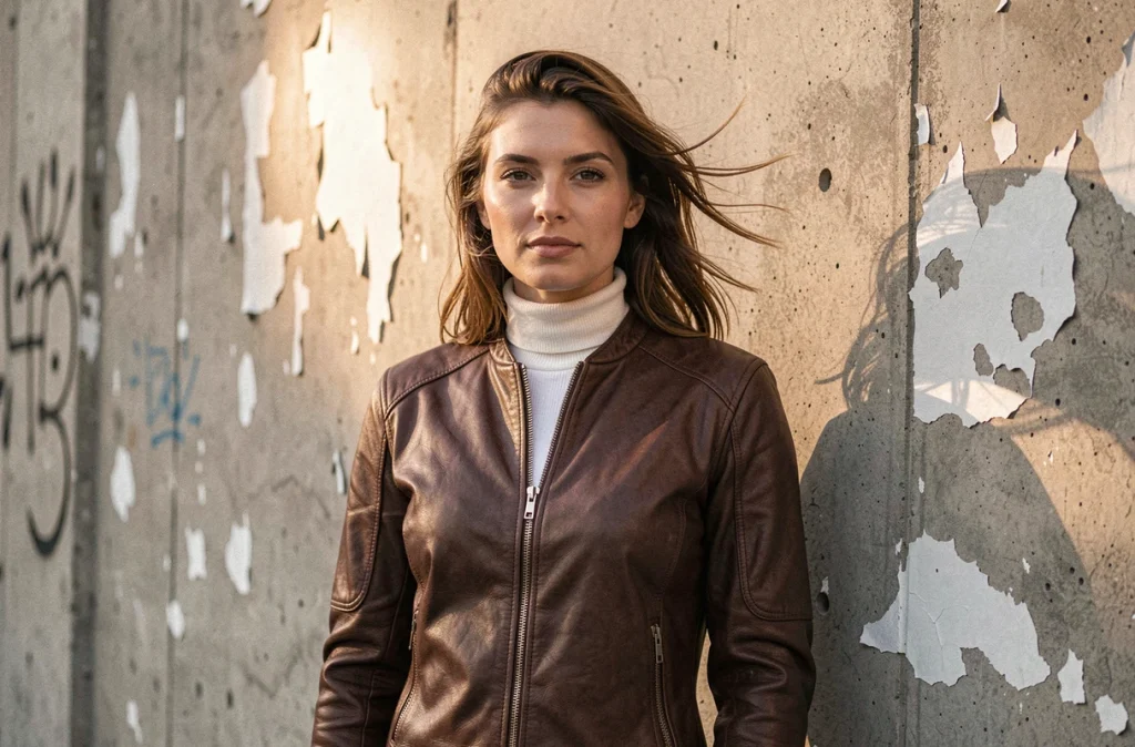 Femme portant un blouson en cuir marron foncé devant un mur en béton urbain
