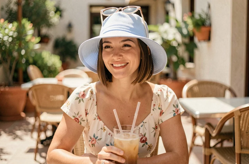 Jeune femme portant un bob en coton bleu pastel assise en terrasse de café par temps ensoleillé