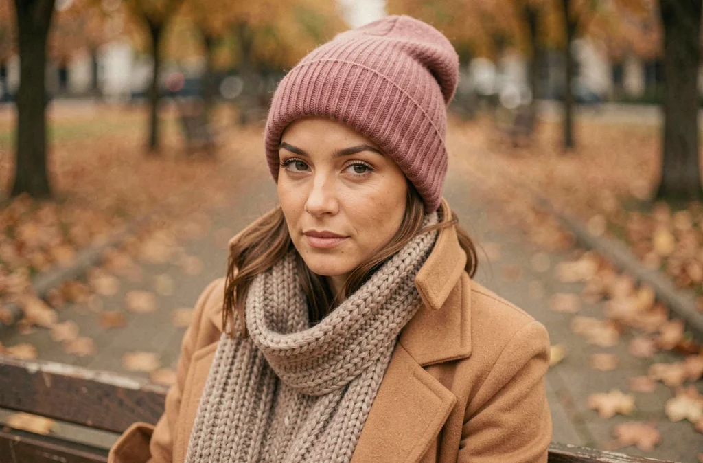 Femme portant un bonnet en cachemire rose poudré dans un parc urbain en automne avec un manteau en laine camel