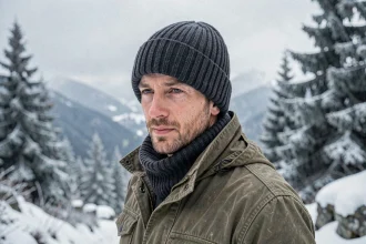 Homme portant un bonnet en laine côtelée gris anthracite sur un sentier de montagne enneigé en hiver