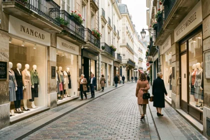 Rue commerçante de Nancy avec des boutiques de vêtements élégantes et des vitrines de mode en Meurthe-et-Moselle