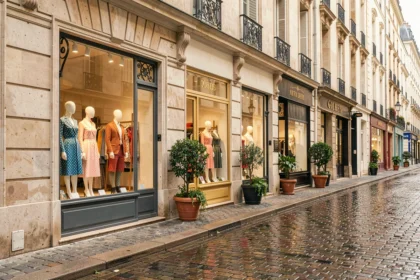 Une rue commerçante élégante dans les Yvelines avec des façades de boutiques de vêtements françaises typiques