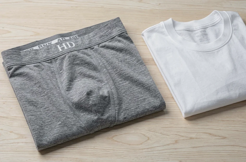 Boxer en coton gris chiné soigneusement plié sur une surface en bois clair dans un contexte éditorial minimaliste