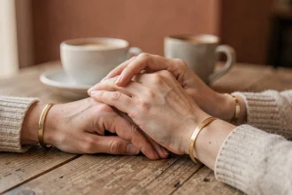Deux mains de couple portant des bracelets personnalisés gravés en or sur une table en bois rustique, geste tendre et intime