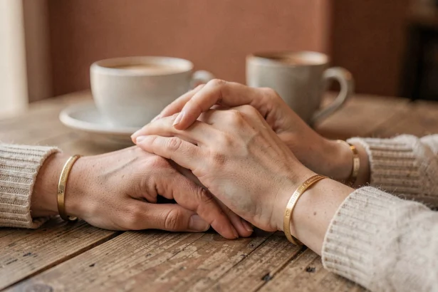 Deux mains de couple portant des bracelets personnalisés gravés en or sur une table en bois rustique, geste tendre et intime