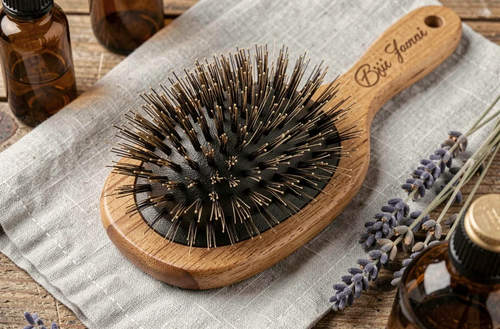 Gros plan d'une brosse à cheveux artisanale en poils de sanglier posée sur un tissu en lin gris avec des accessoires naturels