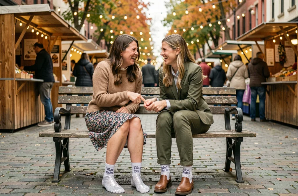 Deux femmes assises sur un banc de marché urbain montrant leurs chaussettes paillettes argentées avec messages brodés en automne