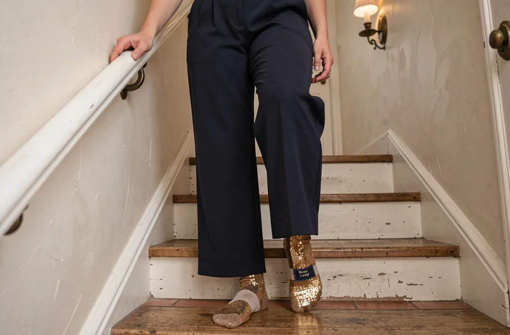 Femme en pantalon marine avec des chaussettes paillettes dorées message 'Boss Lady' dans un escalier parisien en bois