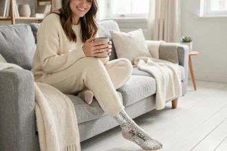 Femme portant des chaussettes paillettes avec message 'Stay Fabulous' assise sur un canapé en lin gris dans un salon scandinave