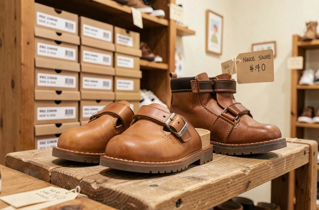 Sandales et bottines en cuir pour enfants de marques françaises exposées sur une étagère en bois dans une boutique artisanale