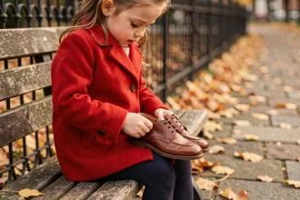 Petite fille assise sur un banc de parc en automne essayant des chaussures en cuir de fabrication française