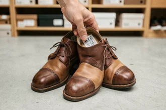 Main tenant des chaussures Oxford en cuir marron avec étiquette de pointure UK visible à l'intérieur