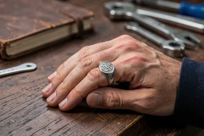 Chevalière homme en argent gravée d'un monogramme héraldique portée à la main sur un bureau en noyer