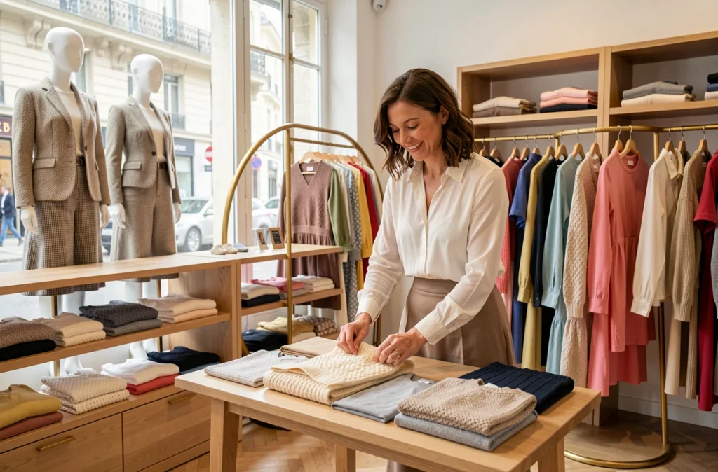 Boutique femme Citadin'e à Versailles avec une vendeuse arrangeant des pulls en maille sur une table de présentation