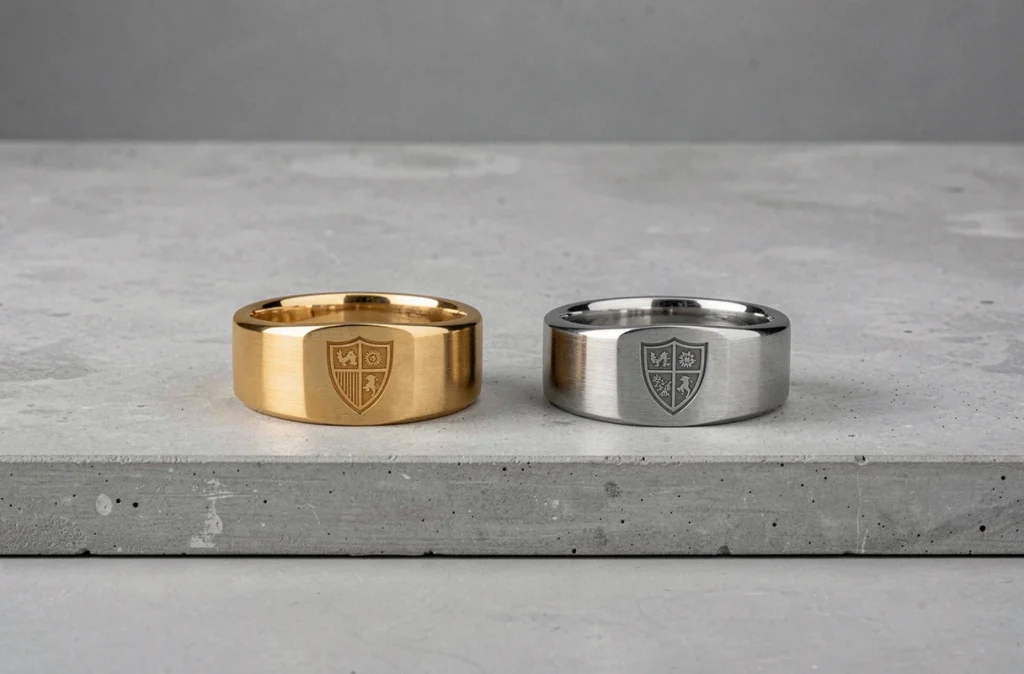 Comparaison chevalière homme en argent et en acier inoxydable côte à côte sur béton