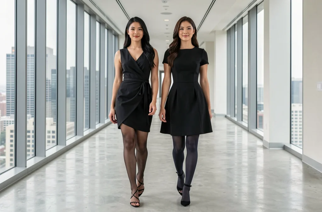 Deux femmes élégantes en robe noire avec différents types de collants dans un couloir de bureau