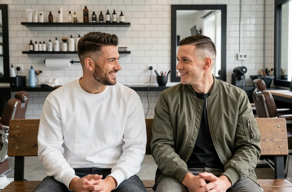 Deux hommes comparant une coupe couronne et un dégradé skin fade assis dans un barbershop moderne