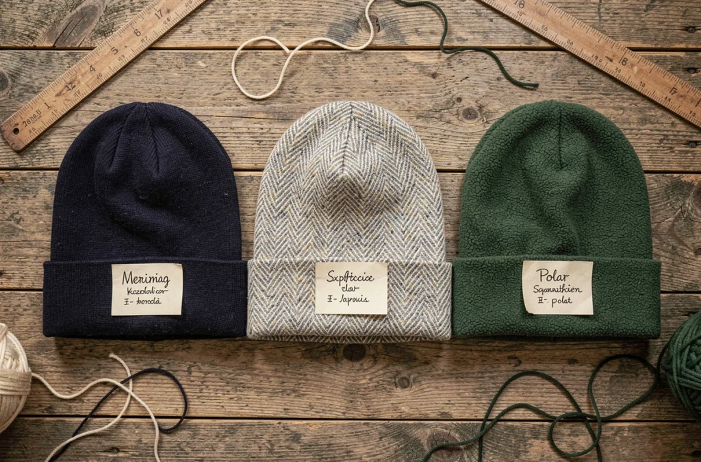 Flat-lay de trois bonnets en matières différentes — laine mérinos, mélange laine-acrylique et polaire — sur une surface en bois pour guide comparatif