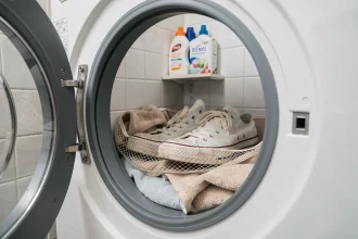 Converse blanches dans un tambour de machine à laver avec un filet de lavage et des serviettes de protection