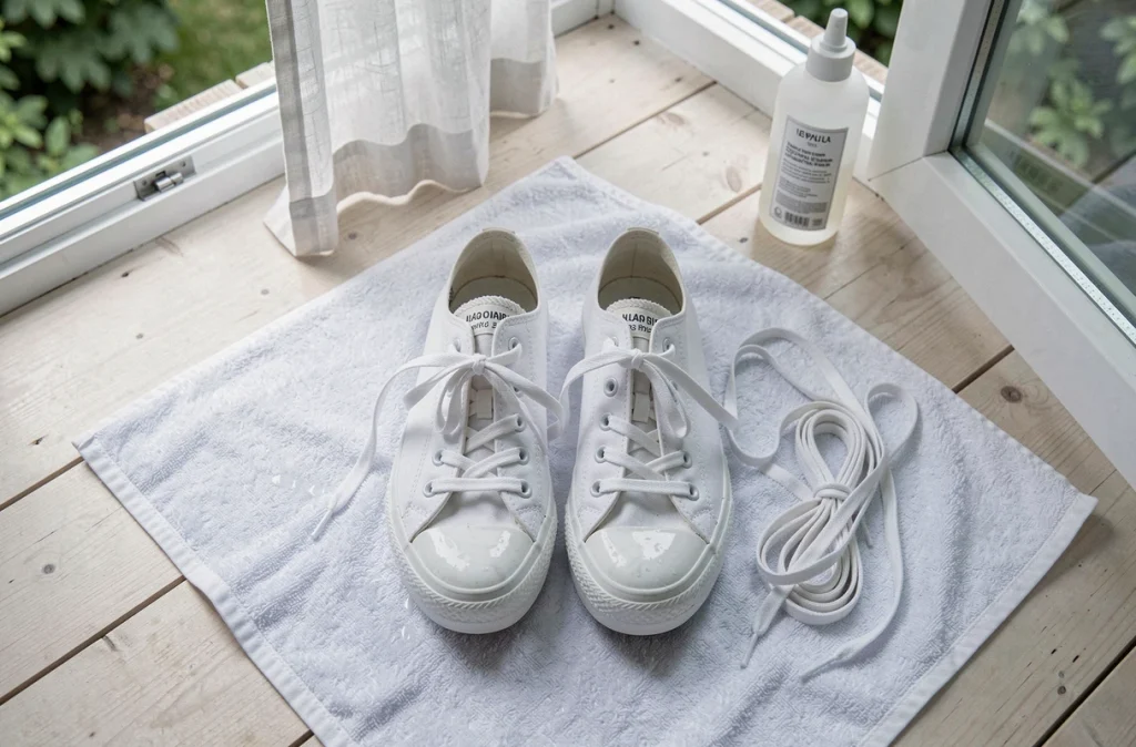 Converse blanches propres posées sur une serviette après lavage en machine, lacets retirés, séchage à l'air