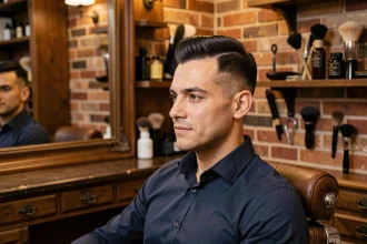 Homme avec une coupe couronne nette assis dans un fauteuil de barbier classique devant un miroir vintage