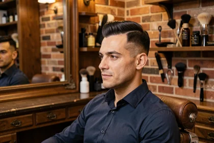 Homme avec une coupe couronne nette assis dans un fauteuil de barbier classique devant un miroir vintage