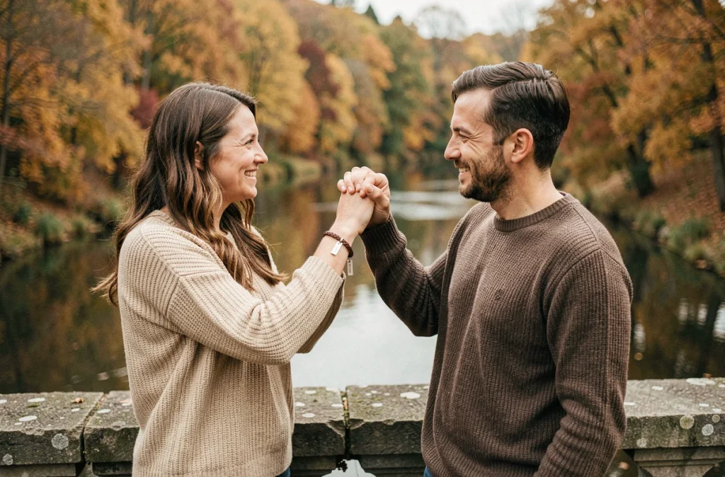 Couple adulte sur un pont en pierre en automne tenant leurs bracelets assortis gravés en cuir tressé, feuillages dorés en arrière-plan