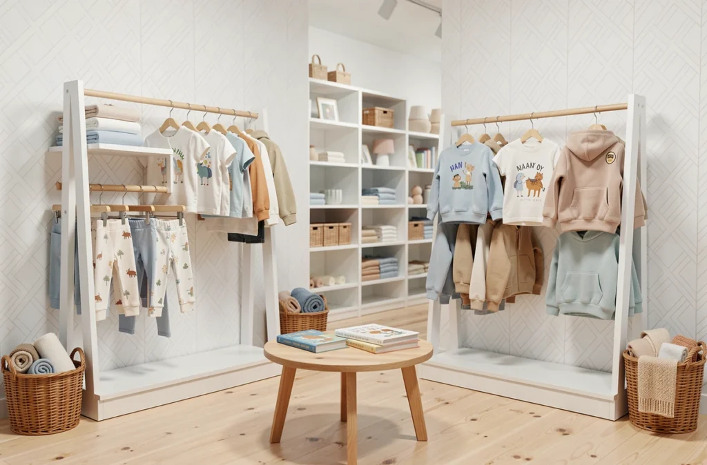 Boutique Cousins & Cousines à Nancy avec des vêtements mode pour enfants sur des présentoirs en bois blanc au design épuré