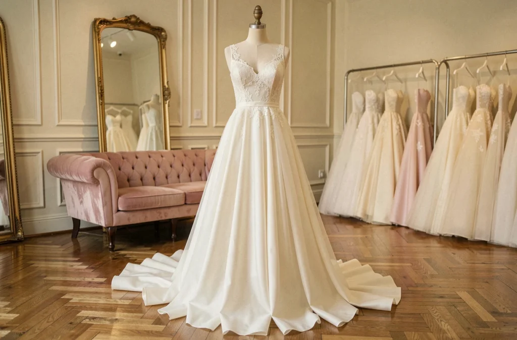 Robe de mariée en soie ivoire exposée dans la boutique CréAnne à Nancy, avec miroirs dorés et décor élégant