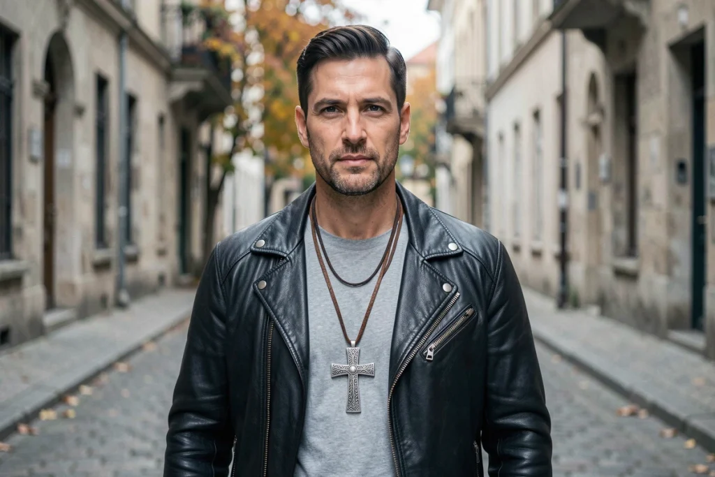 Homme portant une croix bijou en argent oxydé sur cordon en cuir avec veste noire, style urbain 2026