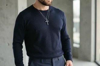 Homme tendance portant une croix bijou en argent mat sur pull marine, style sobre et affirmé 2026