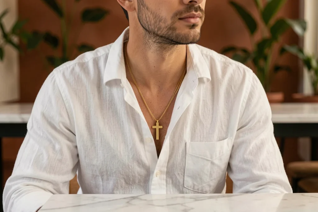 Bijou croix dorée homme portée sur chemise en lin blanc dans un café moderne, tendance 2026