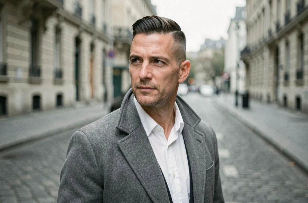 Homme d'âge mûr avec un dégradé classique en veste grise dans une rue parisienne