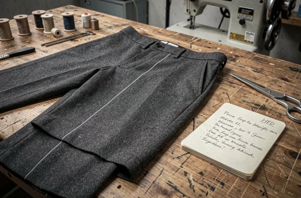 Gros plan sur un pantalon gris avec marques de craie de tailleur, ciseaux et devis manuscrit posé sur une table d'atelier de retouche
