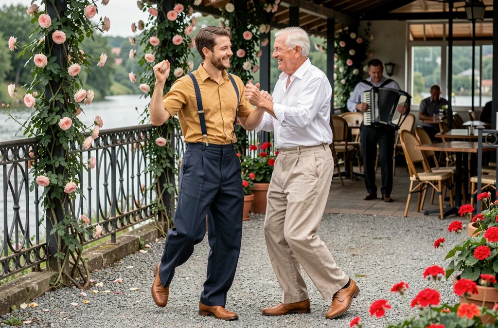Deux hommes en tenue de guinguette – chemise popeline et pantalon large – dansant ensemble au bord de l'eau dans une ambiance rétro estivale