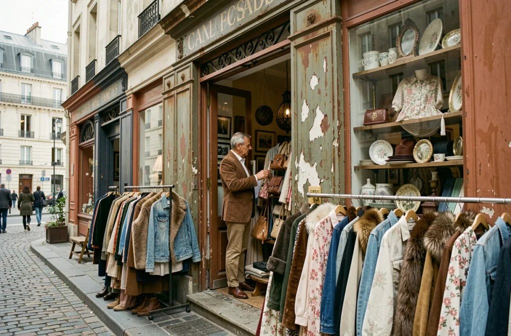 Devanture d'une friperie parisienne avec vêtements vintage exposés sur des portants extérieurs dans une ruelle pavée