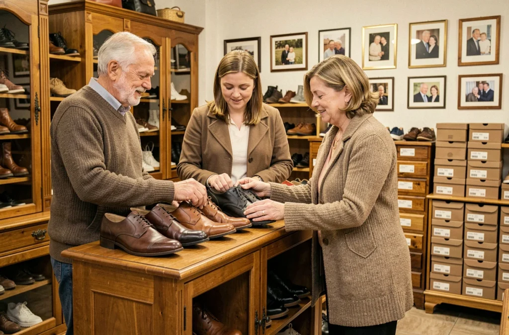 Propriétaire et employée d'un chausseur familial à Brest aidant une cliente à choisir des chaussures en cuir