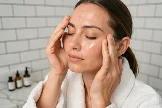 Femme appliquant une huile démaquillante sur le visage dans une salle de bain minimaliste pour un double nettoyage