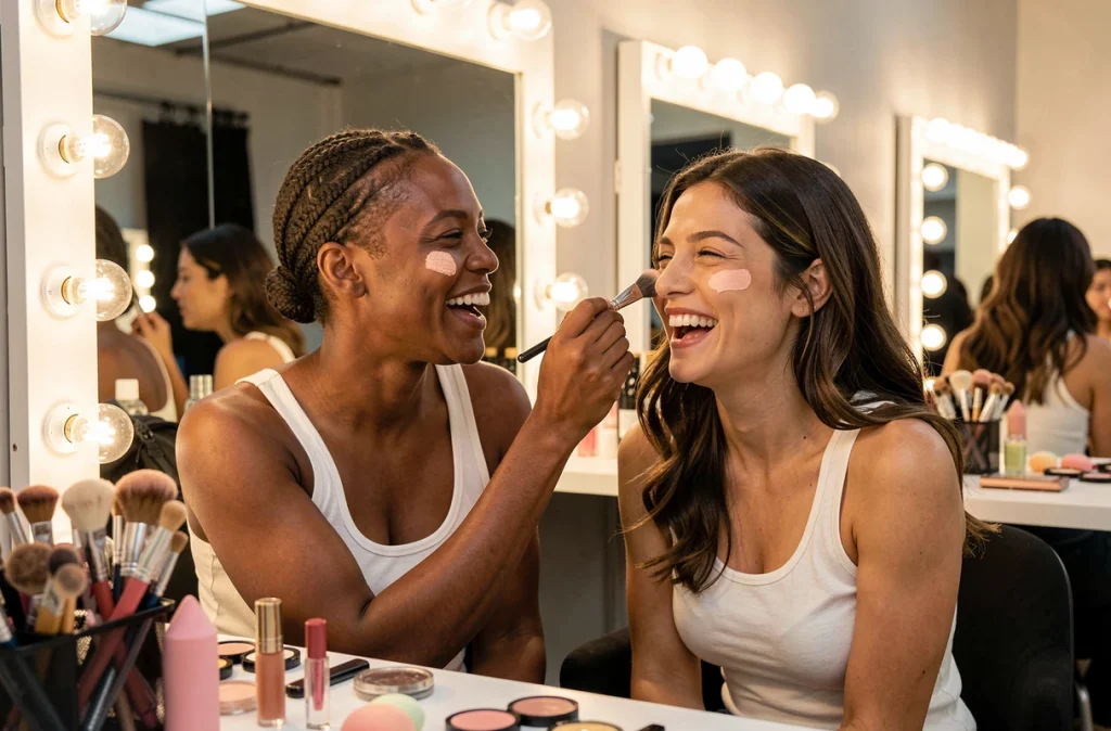 Deux femmes dans un studio beauté, l'une appliquant un blush crème sur la pommette de l'autre au pinceau, ambiance éditoriale naturelle
